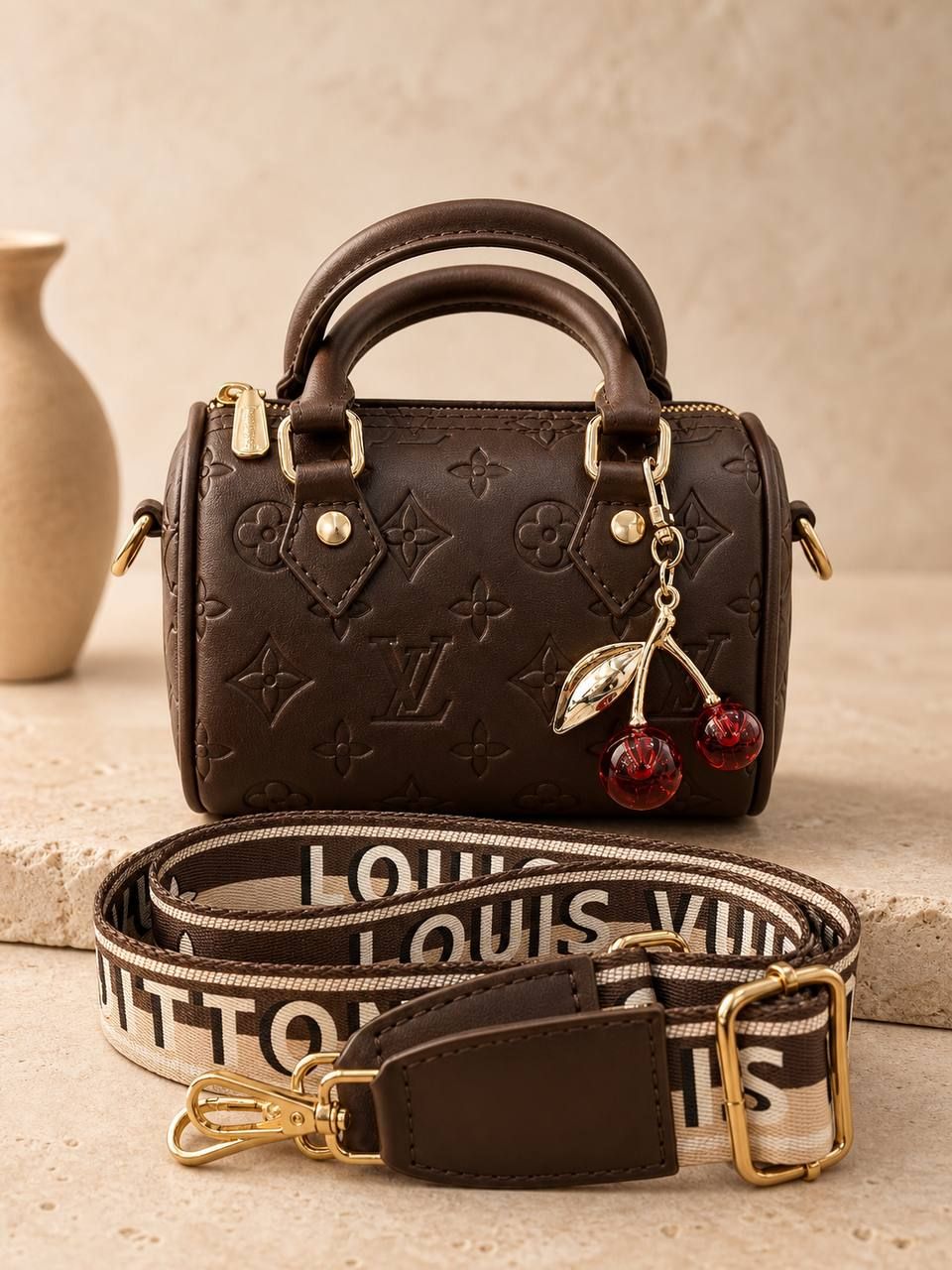 کیف دستی و دوشی زنانه اسپیدی LV مدل Cherry | بند پهن قابل تنظیم و آویز گیلاس